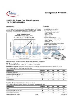 PTF181301A datasheet - LDMOS RF Power Field Effect Transistor 130 W, 1805-1880 MHz
