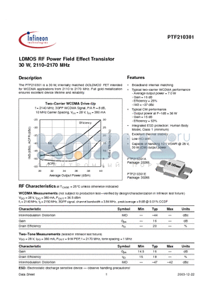 PTF210301 datasheet - LDMOS RF Power Field Effect Transistor 30 W, 2110-2170 MHz