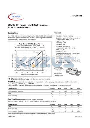 PTF210301A datasheet - LDMOS RF Power Field Effect Transistor 30 W, 2110-2170 MHz