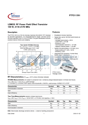 PTF211301A datasheet - LDMOS RF Power Field Effect Transistor 130 W, 2110-2170 MHz