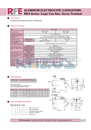 MEA332M2C-A121 datasheet - ALUMINUM ELECTROLYTIC CAPACITORS MEA Series: Large Can Size, Screw Terminal