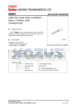 HE8051-X-T92-K datasheet - LOW VOLTAGE HIGH CURRENT SMALL SIGNAL NPN TRANSISTOR