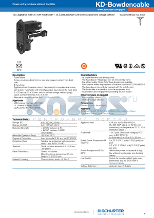 KD114199151 datasheet - IEC Appliance Inlet C14 with Fuseholder 1- or 2-pole, Bowden-Line Switch 2-pole and Voltage Selector