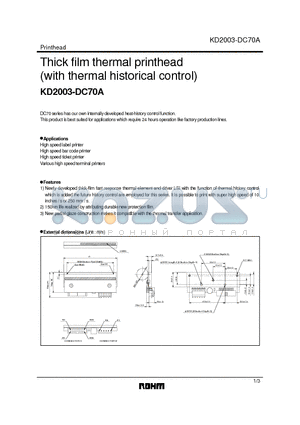 KD2003-DC70A datasheet - Thick film thermal printhead (with thermal historical control)