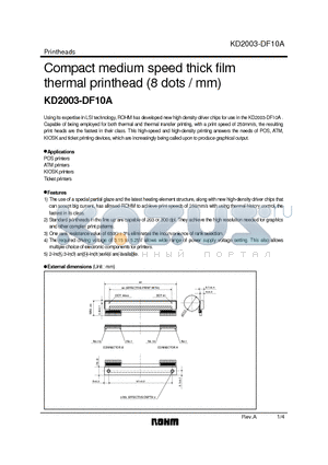 KD2003-DF10A datasheet - Compact medium speed thick film thermal printhead (8 dots / mm)