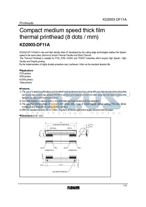 KD2003-DF11A datasheet - Compact medium speed thick film thermal printhead (8 dots / mm)