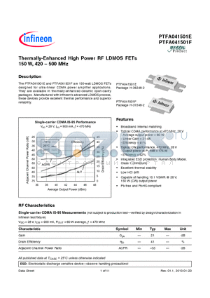 PTFA041501E datasheet - Thermally-Enhanced High Power RF LDMOS FETs 150 W, 420  500 MHz