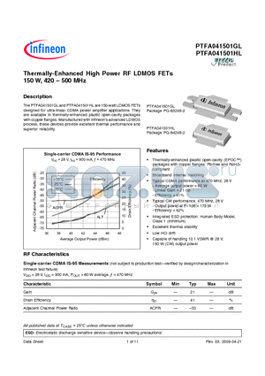 PTFA041501GL_09 datasheet - Thermally-Enhanced High Power RF LDMOS FETs 150 W, 420-500 MHz