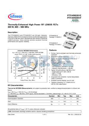 PTFA092201E datasheet - Thermally-Enhanced High Power RF LDMOS FETs 220 W, 920 - 960 MHz