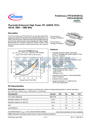PTFA181001HL datasheet - Thermally-Enhanced High Power RF LDMOS FETs 100 W, 1805  1880 MHz