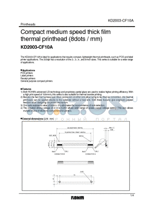 KD2003-CF10A datasheet - Compact medium speed thick film thermal printhead (8dots / mm)