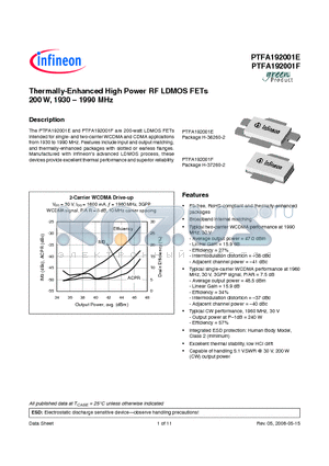 PTFA192001E datasheet - Thermally-Enhanced High Power RF LDMOS FETs 200 W, 1930-1990 MHz