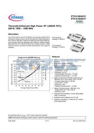 PTFA192401E datasheet - Thermally-Enhanced High Power RF LDMOS FETs 240 W, 1930  1990 MHz