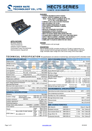 HEC75 datasheet - 75 WATTS DC-DC CONVERTER