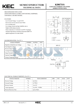 KDR731S datasheet - SCHOTTKY BARRIER TYPE DIODE(SERIES CONNECTION)