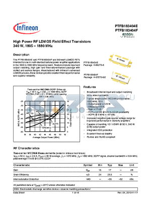 PTFB183404E datasheet - High Power RF LDMOS Field Effect Transistors 340 W, 1805  1880 MHz