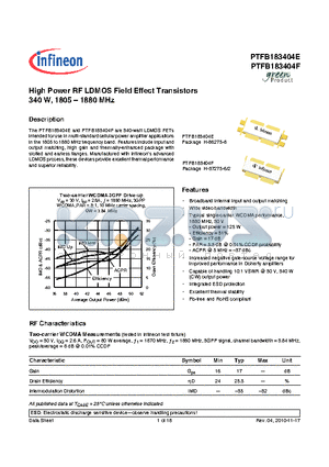 PTFB183404F datasheet - High Power RF LDMOS Field Effect Transistors 340 W, 1805  1880 MHz