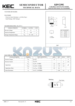 KDV239E datasheet - VARIABLE CAPACITANCE DIODE SILICON EPITAXIAL PLANAR DIODE(VCO FOR UHF RADIO)