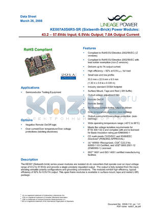 KE007A0S6R541-SR datasheet - 43.2 - 57.6Vdc Input; 6.5Vdc Output; 7.0A Output Current
