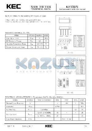 KF139S datasheet - SPECIFICATIONS FOR SAW FILTER(BAND PASS FILTERS FOR THE RECEIVING RF CIRCUITS OF PAGER)