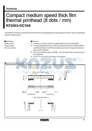 KF2003-GC10A datasheet - Compact medium speed thick film thermal printhead (8 dots / mm)