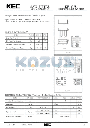 KF147 datasheet - SPECIFICATIONS FOR SAW FILTER(BAND PASS FILTERS FOR THE RECEIVING RF CIRCUITS OF PAGER)