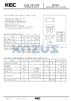 KF281 datasheet - SPECIFICATIONS FOR SAW FILTER(BAND PASS FILTERS FOR THE RECEIVING RF CIRCUITS OF PAGER)