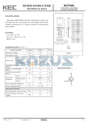 KF2N60L datasheet - This planar stripe MOSFET has better characteristics, such as fast switching time, low on resistance, low gate charge and excellent avalanche characteristics.