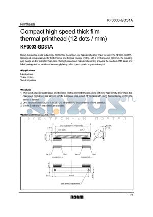 KF3003-GD31A datasheet - Compact high speed thick film thermal printhead (12 dots / mm)