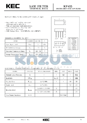 KF425 datasheet - SPECIFICATIONS FOR SAW FILTER(BAND PASS FILTERS FOR THE RECEIVING RF CIRCUITS OF PAGER)