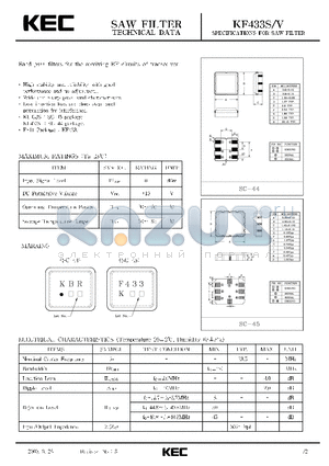KF433V datasheet - SPECIFICATIONS FOR SAW FILTER(BAND PASS FILTERS FOR THE RECEIVING RF CIRCUITS OF TRANSCEIVER)