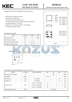 KF465AU datasheet - SPECIFICATIONS FOR SAW FILTER(BAND PASS FILTERS FOR THE RECEIVING RF CIRCUITS OF TRANSCEIVER)