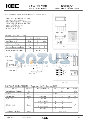 KF886 datasheet - SPECIFICATIONS FOR SAW FILTER(BAND PASS FILTERS FOR RF CIRCUITS OF CORDLESS PHONE(CT-1)