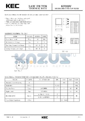 KF939V datasheet - SPECIFICATIONS FOR SAW FILTER(BAND PASS FILTERS FOR RF CIRCUITS OF WIRELESS DATA COMMUNICATION)