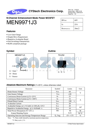 MEN9971J3 datasheet - N-Channel Enhancement Mode Power MOSFET
