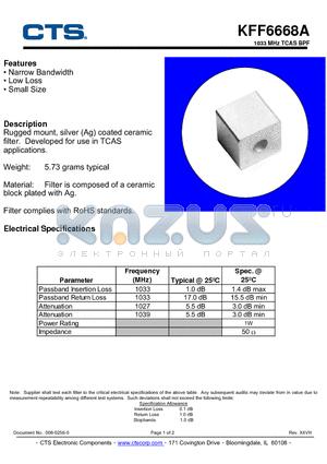 KFF6668A datasheet - 1033 MHz TCAS BPF