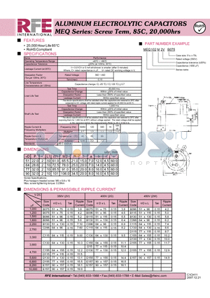 MEQ102M2VB075 datasheet - ALUMINUM ELECTROLYTIC CAPACITORS MEQ Series: Screw Term, 85C, 20,000hrs