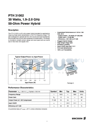 PTH31002 datasheet - 30 Watts, 1.9-2.0 GHz 50-Ohm Power Hybrid