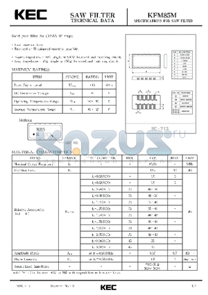 KFM85M datasheet - SPECIFICATIONS FOR SAW FILTER(BAND PASS FILTERS FOR CDMA IF STAGE)