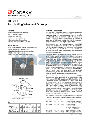 KH220AI datasheet - Fast Settling Wideband Op Amp