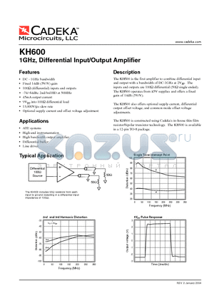 KH600 datasheet - 1GHz, Differential Input/Output Amplifier