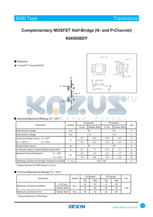 KI4500BDY datasheet - Complementary MOSFET Half-Bridge (N- and P-Channel)