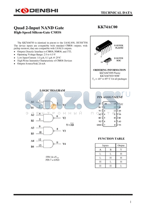 KK74AC00 datasheet - Quad 2-Input NAND Gate High-Speed Silicon-Gate CMOS