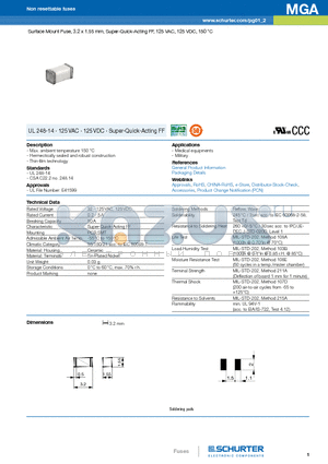 MGA datasheet - Surface Mount Fuse, 3.2 x 1.55 mm, Super-Quick-Acting FF, 125 VAC, 125 VDC, 150 `C