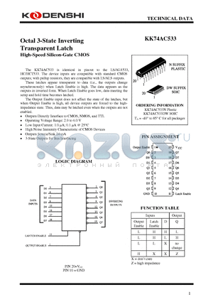 KK74AC533N datasheet - Octal 3-State Inverting Transparent Latch High-Speed Silicon-Gate CMOS