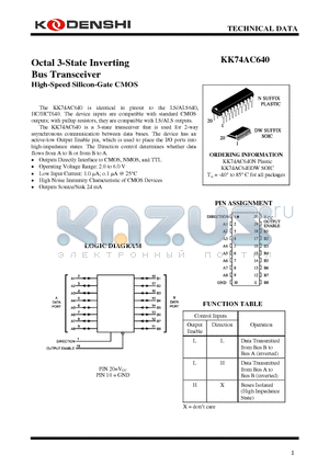 KK74AC640DW datasheet - Octal 3-State Inverting Bus Transceiver High-Speed Silicon-Gate CMOS