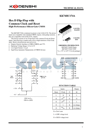 KK74HC174AN datasheet - Hex D Flip-Flop with Common Clock and Reset High-Performance Silicon-Gate CMOS