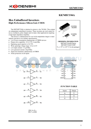 KK74HCU04A datasheet - Hex Unbuffered Inverters High-Performance Silicon-Gate CMOS