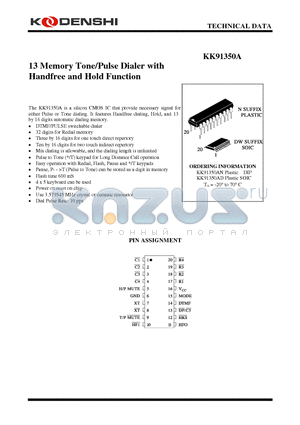 KK91350A datasheet - 13 Memory Tone/Pulse Dialer with Handfree and Hold Function