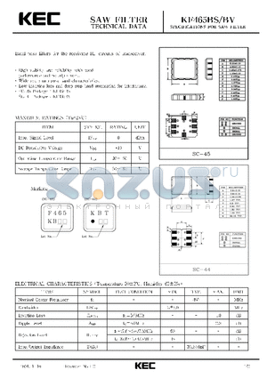 KKF465BS datasheet - SPECIFICATIONS FOR SAW FILTER(BAND PASS FILTERS FOR THE RECEIVING RF CIRCUITS OF TRANSCEIVER)